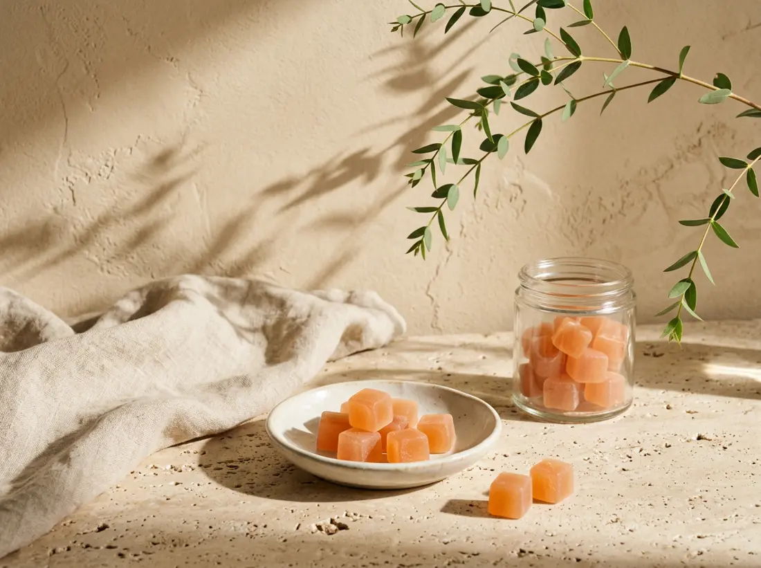 Illustrative still life of peach-colored gummies in a clear jar and ceramic dish, with linen and green leaves